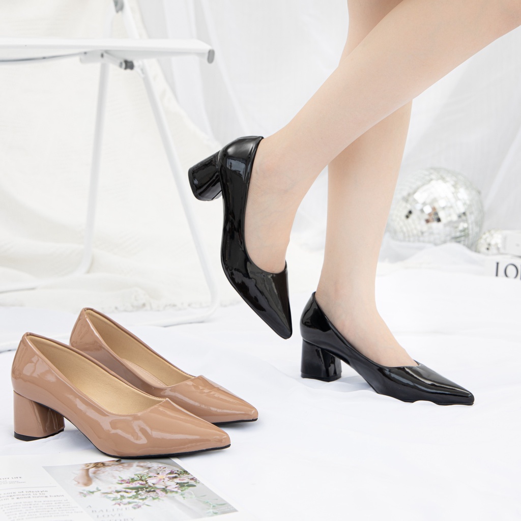 Giày MWC 4274 - Giày Cao Gót Đế Vuông 5CM Da Bóng Màu Đen Nâu Tinh Tế