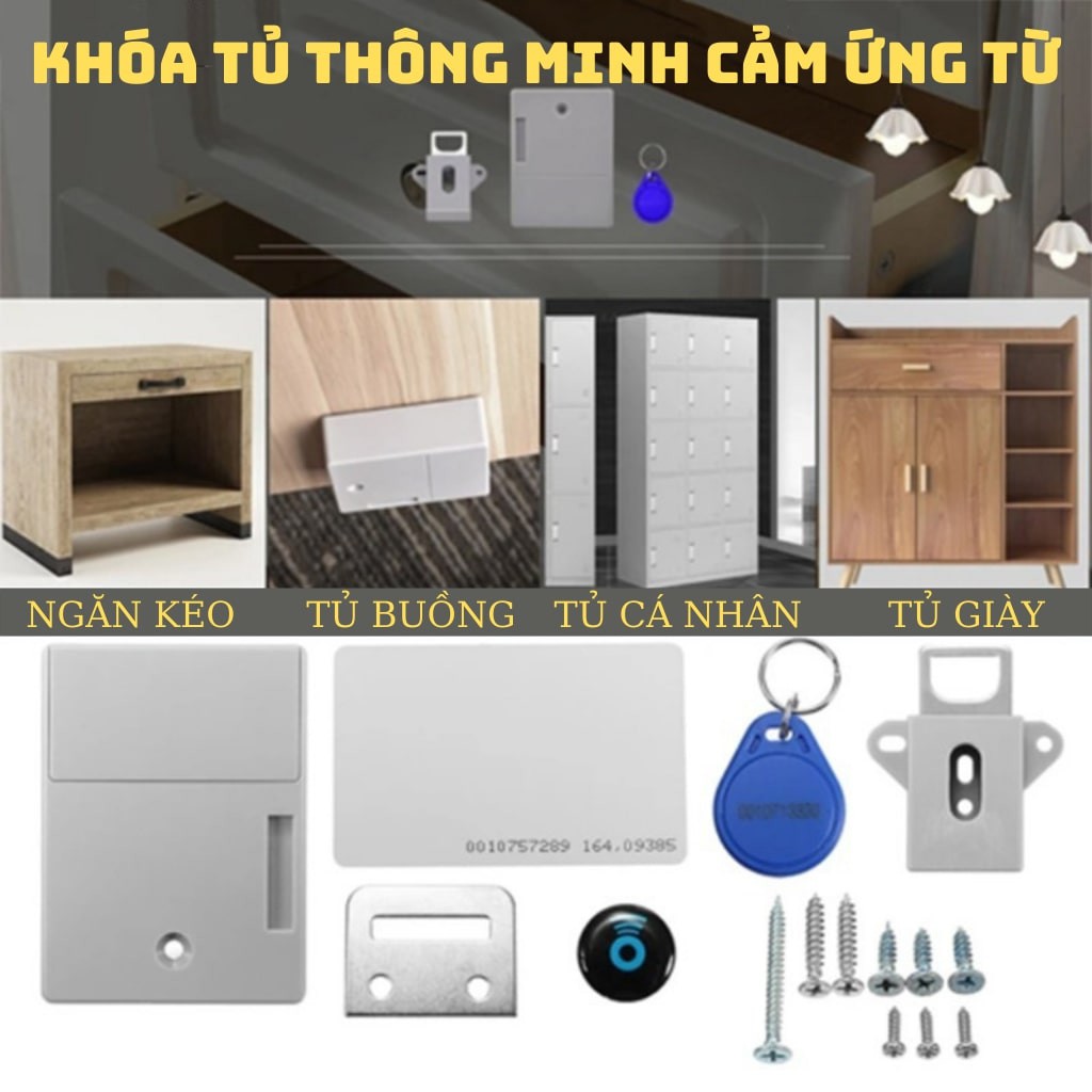 Bộ khóa từ ngăn tủ bao gồm 2 thẻ từ và 2 chìa khóa từ, Khóa ngăn tủ, ngăn bàn cảm ứng từ thông minh.