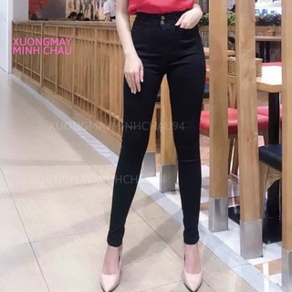 Quần legging nữ cạp cao dài 2 khuy khóa trước minh châu, quần legging đen nữ co dãn