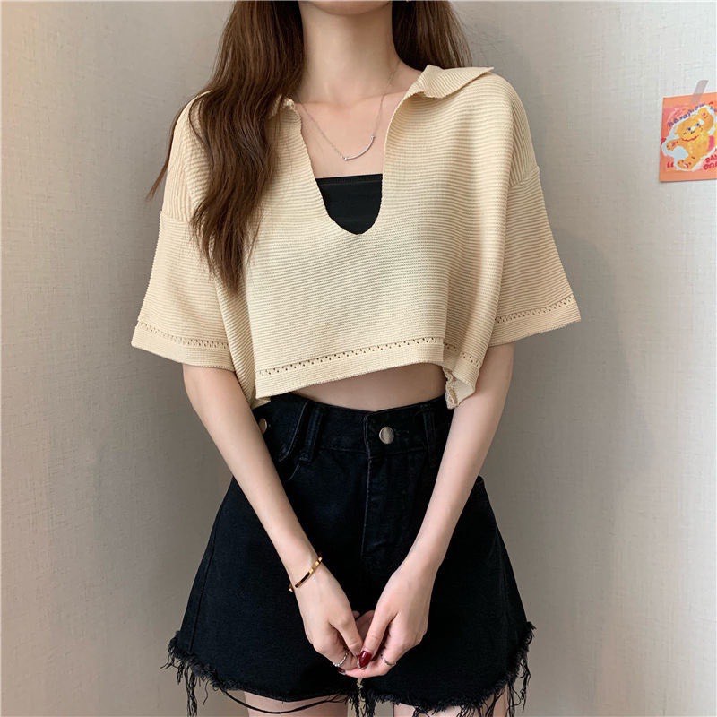 Áo croptop Hagu tay ngắn Khoét ngực cổ V Thời trang Sành điệu style trẻ trung năng động