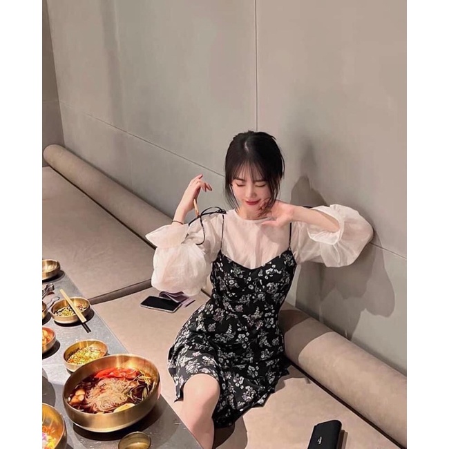 Set váy hoa kèm yếm voan- váy hoa tay phồng thắt nơ 🎀