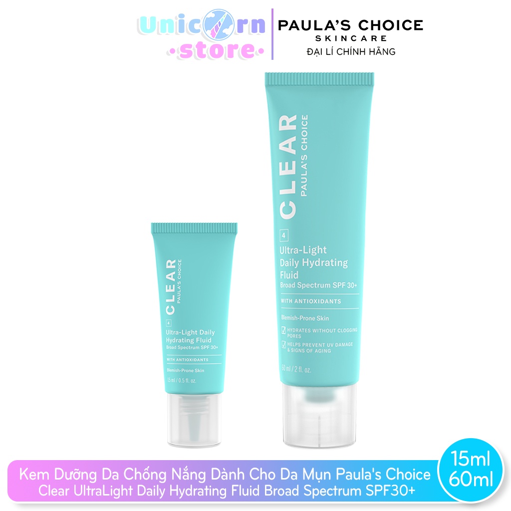 Kem Dưỡng Da Chống Nắng Dành Cho Da Mụn Paula's Choice Clear UltraLight Daily Hydrating Fluid Broad Spectrum SPF30+ 60ml