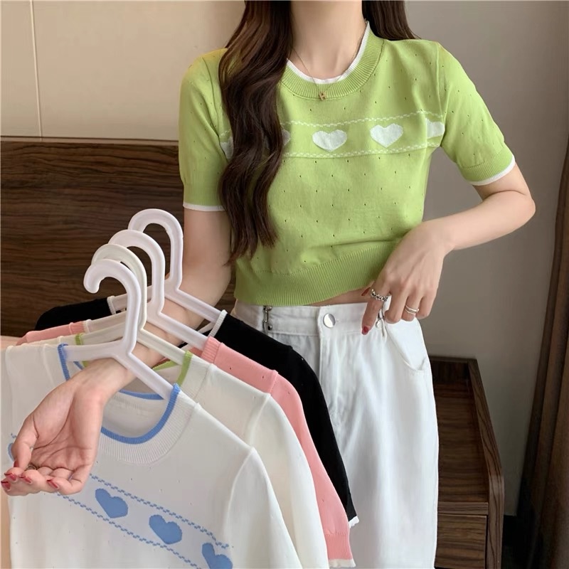MS645 Áo len nữ cổ tròn trái tim mongtoghi bo gấu