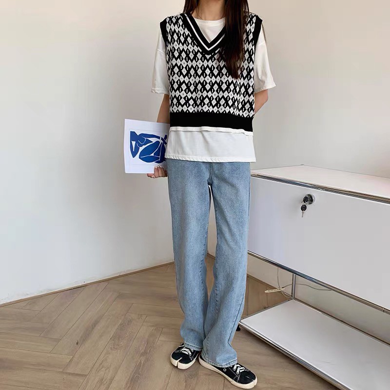 Áo gile thổ cẩm Đen dáng ngắn cổ V Forgirl cho nữ phong cách Hàn Quốc