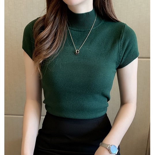 Áo Len Tay Ngắn Cổ Cao Thời Trang Phong Cách Hàn Quốc Cho Nữ