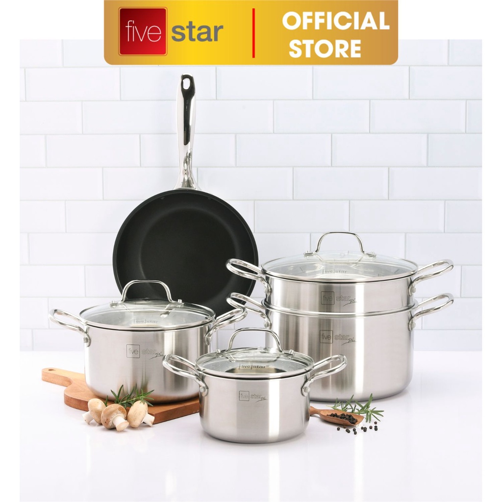 Bộ nồi chảo inox 304 cao cấp Fivestar 3 lớp đáy liền dùng được bếp từ , gas , hồng ngoại