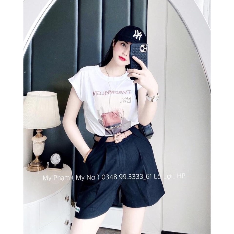 quần short nữ cạp cao kèm đai màu đen be cho nữ