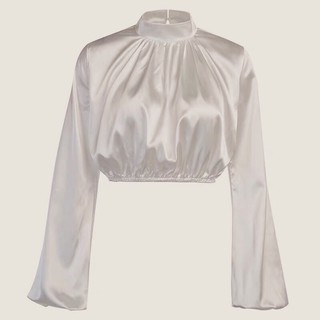 Áo sơmi croptop trắng lụa bóng tay dài