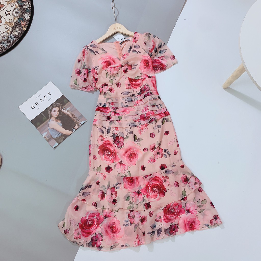 VN74 - VÁY HOA HỒNG VOAN TƠ ĐUÔI CÁ XẾP EO NỮ | BigBuy360 - bigbuy360.vn