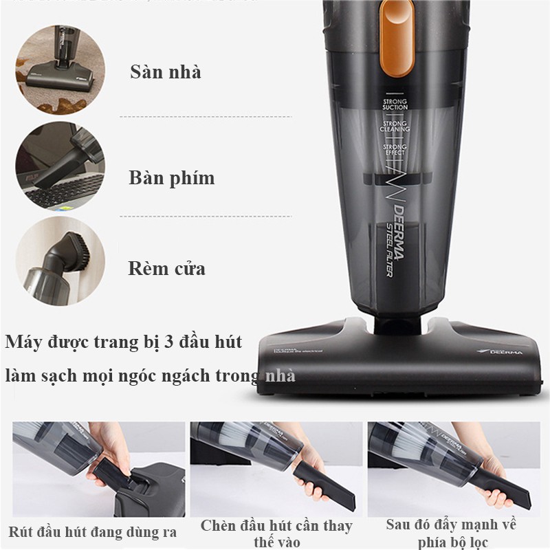 Máy Hút Bụi Gia Đình Cầm Tay Deerma DX115C Máy Hút Bụi Đa Năng 2 trong 1 Thiết Kế 3 Đầu Hút, Độ Ồn Thấp VT47