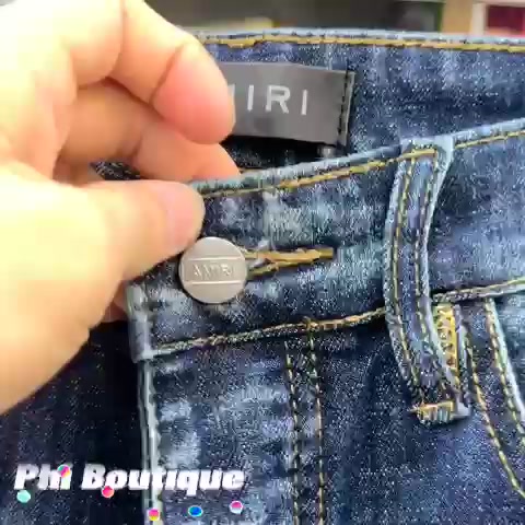 Quần jean bò nam Amiri slimfit wash xanh thẫm rách tua xù vá sát viền vải nhăn kẻ sọc đỏ đen 4 cúc cao cấp QJ215P | BigBuy360 - bigbuy360.vn