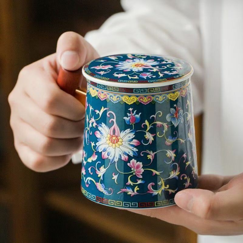 Cốc sứ văn phòng màu men kiểu Trung Quốc trà cho nam và nữ Bộ lót tách nước Quà tặng kèm tay cầm có nắp