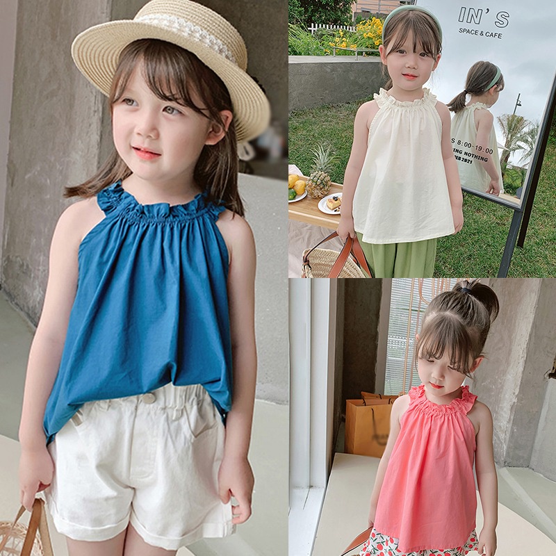 Áo Hai Dây Phối Bèo Thiết Kế Thời Trang Mùa Hè Phong Cách Hàn Quốc Cho Bé Gái