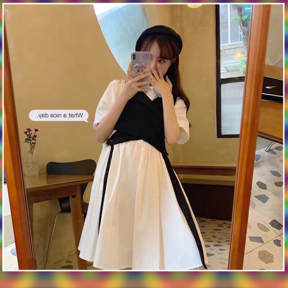 Set Váy Đi Học| Set Váy Sơ Mi Nữ Sinh Kèm Gile Đen Đai Tách Buộc Dây Unisex - Váy Trắng Vest Đen Đan Dây Chéo Harajuku