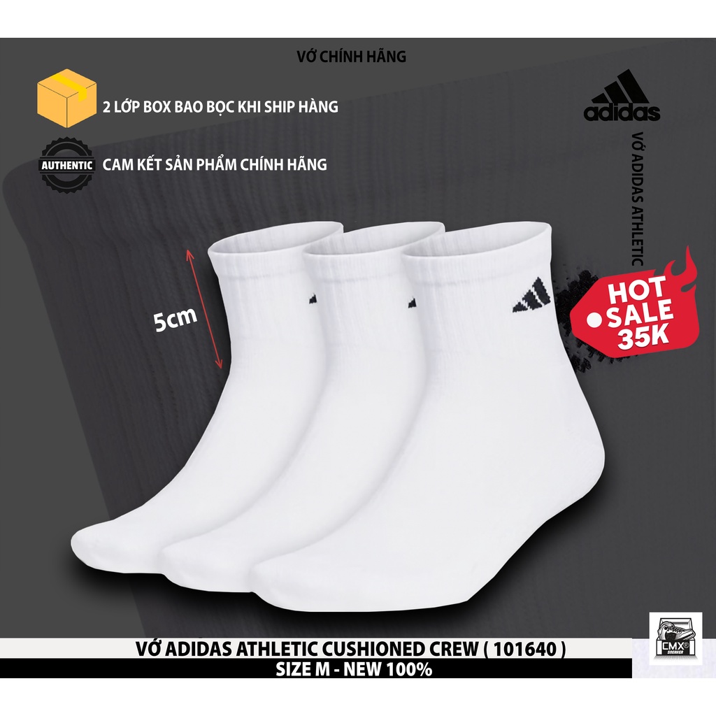 😘  Vớ 𝘼𝒅𝙞𝒅𝙖𝒔 Athletic Cushioned Crew White/Trắng/Black/Đen  REAL AUTHENTIC 100%