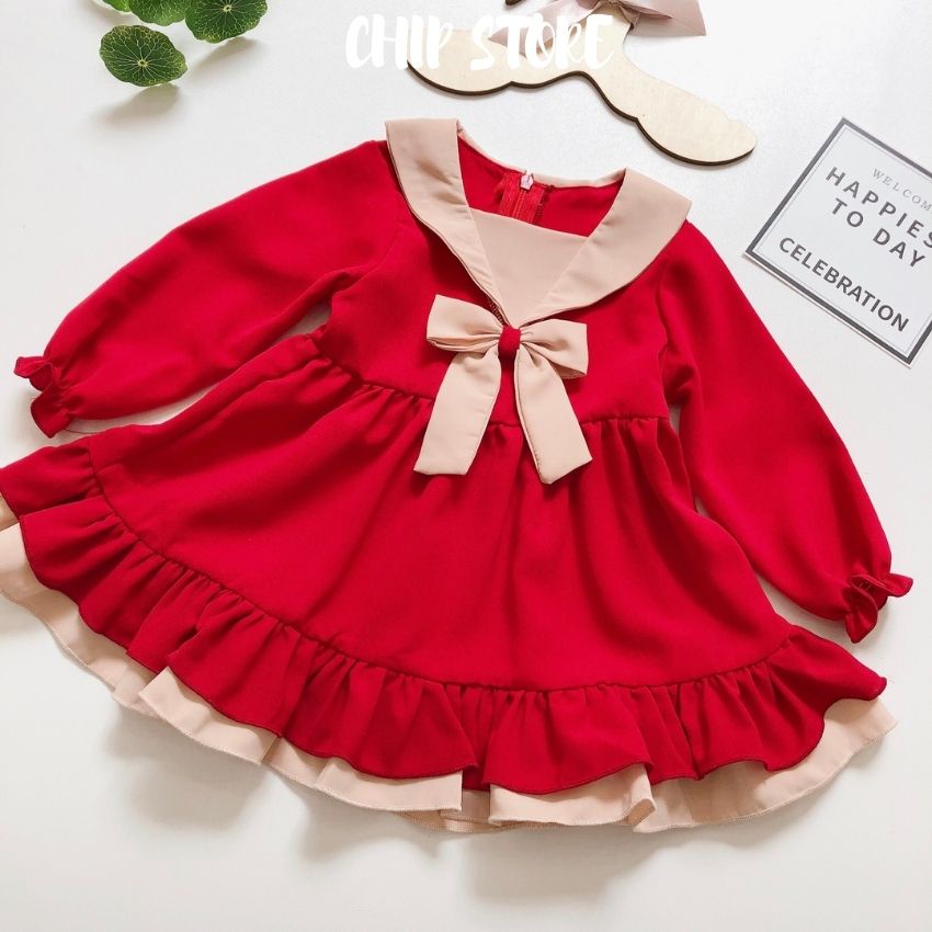 Váy thu đông bé gái CHIP STORE Đầm dài tay màu đỏ phối nơ xinh xắn có size sơ sinh - 7 tuổi