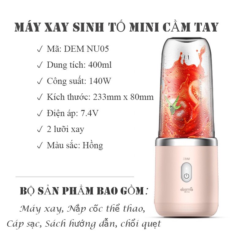 Máy xay sinh tố không dây Deerma Nu05 chính hãng, máy xay mini cầm tay công suất lớn, tiện lợi mang theo [BH 12 tháng]