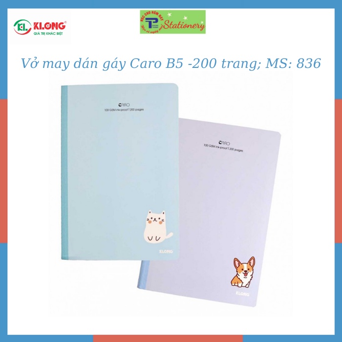 Vở Klong B5 80 trang,120 trang,200 trang caro may dán gáy bìa màu Pastel, sổ Klong MS 834,835,836