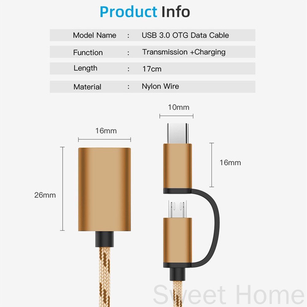 2 in 1 Type-C OTG To USB 3.0 Interface OTG Adapter Cable Fast Transfer Connector Converter, Gold bigbighouse store