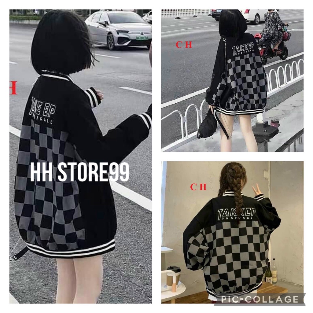 Áo Bomber jacket nỉ form rộng tay bồngÁo khoác bomber bóng chày KẺ CARO nam nữ unisex ulzzang Freeship Sale