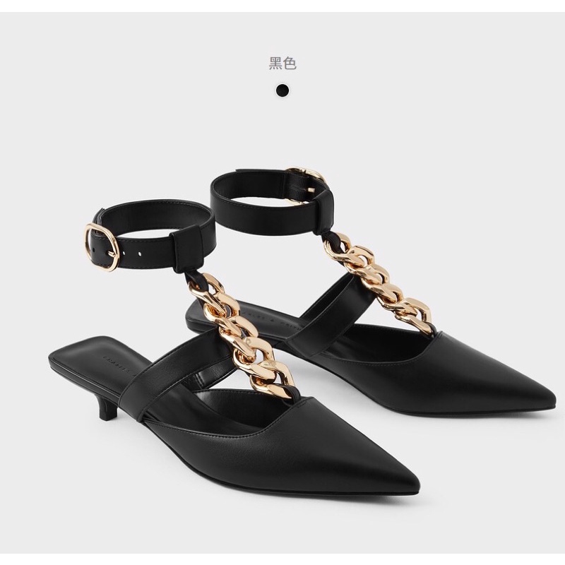 GIÀY CAO GÓT MŨI NHỌN CHARLES AND KEITH CHAIN LINK ANKLE STRAP MÀU ĐEN