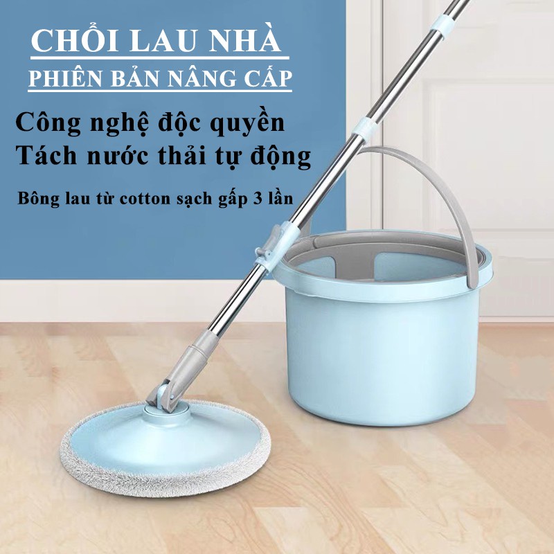 Bộ lau nhà thông minh K8 thùng vắt xoay tròn nhựa PP, Cán inox dài 134cm, miếng lau 25cm Microfiber