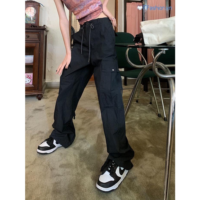 Quần Yếm Ống Rộng Lưng Cao Dây Rút Màu Đen Phong Cách Retro Mỹ Thời Trang Mùa Hè Cho Nữ