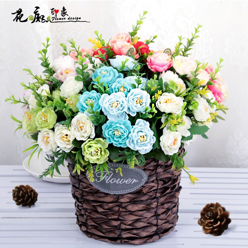 Hoa lụa, bó hoa hồng trà Rosemarie 10 bông cao 30cm trang trí bàn phòng khách màu sắc tươi sáng HT-102