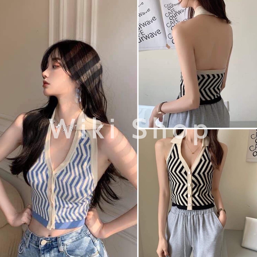[C329] Áo crt VẰN hở lưng freesize - Áo croptop có cổ không tay họa tiết vằn hở lưng freesize cài cúc chất thun co giãn