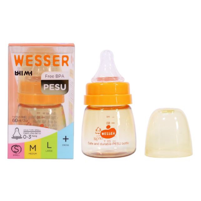 BÌNH SỮA WESSER CỔ HẸP CAO CẤP PESU MẪU MỚI 60ML/140ML/250ML