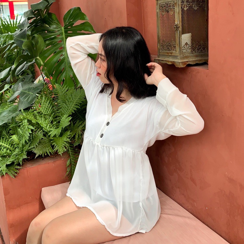 ÁO BABYDOLL VOAN NÚT GIẢ GỖ (ảnh thật/sẵn)