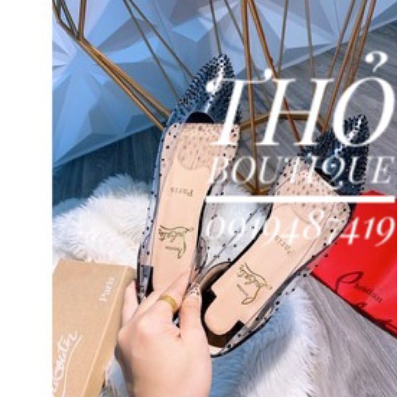 Giày bệt búp bê Lou.bou.tin xuất xịn mica trong suốt đính đá màu đen, vàng, bạc size 35 đến 38