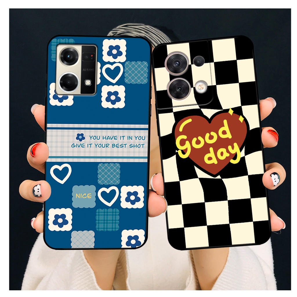Ốp lưng Oppo Reno 8 4G / Reno 8Z 5G / Reno 8 5G in hoạ tiết caro trái tim đen trắng, gấu bear cute đáng yêu