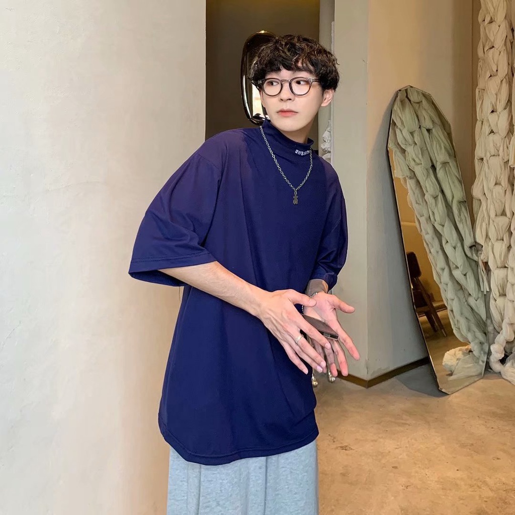 Áo Thun Tay Ngắn Cổ Cao Dáng Rộng Màu Đen Phong Cách Hàn Quốc Thời Trang Mùa Hè Cho Nam Size m-2xl