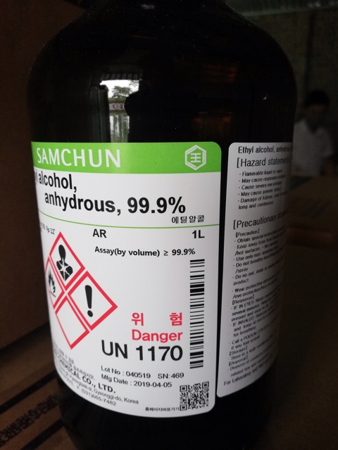 Hóa chất Ethyl alcohol anhydrous 99.9% E1139 Ethanol Samchun Hàn Quốc chai 1 lít C2H5OH