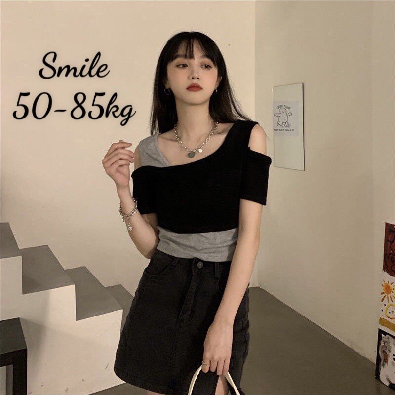 Áo thun bigsize ngắn tay phối trắng xám Hàn Quốc,áo thun Smile bigsize hở vai che khuyết điểm bắp tay 50-85kg Ak02