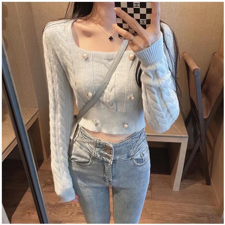 ZHELIHANGFEI Áo Sweater Dệt Kim Tay Dài Cổ Vuông Eo Cao Kiểu Pháp Quyến Rũ