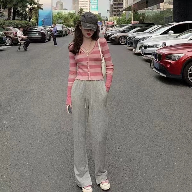 SUXI Áo Khoác Cardigan Dệt Kim Mỏng Dáng Ôm Cổ Chữ V Kẻ Sọc Kiểu Vintage Thời Trang Mùa Thu Cho Nữ