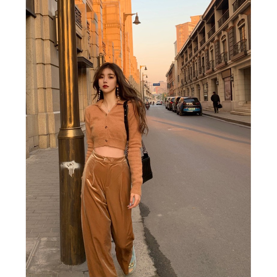 Set áo len lông mịn + quần cạp cao ống suông nhung nữ tính HS109 Hỉn Hỉn Store