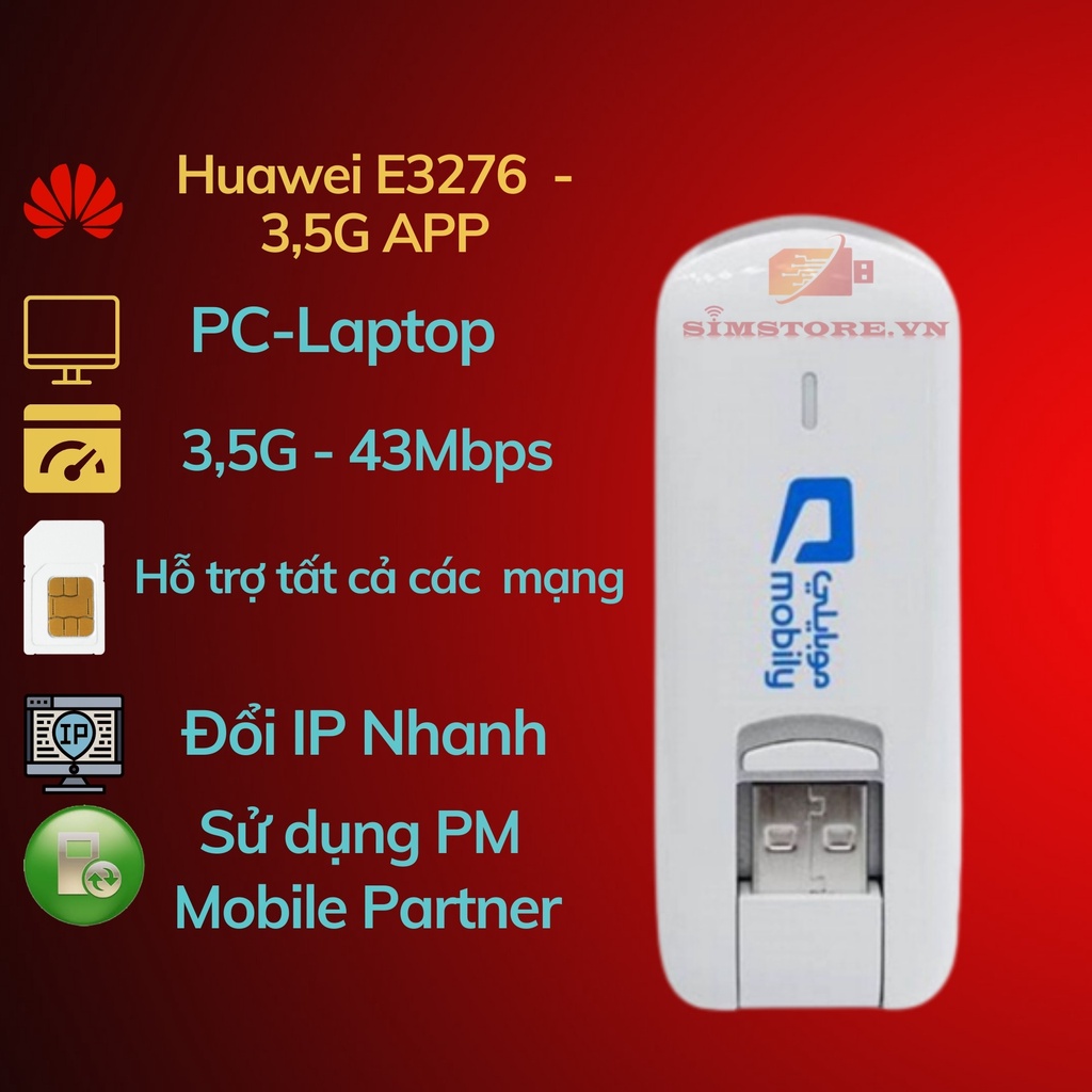 [Mã 159ELSALE hoàn 7% đơn 300K] USB Dcom 3G E3276 đa mạng - Dcom đổi ip siêu tốt - Simstore