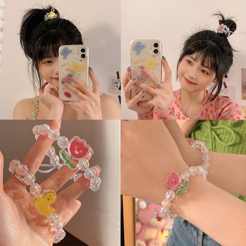 Dây Buộc Tóc Co Giãn Đính Hạt Hình Hoa Lá Và Vịt Dễ Thương