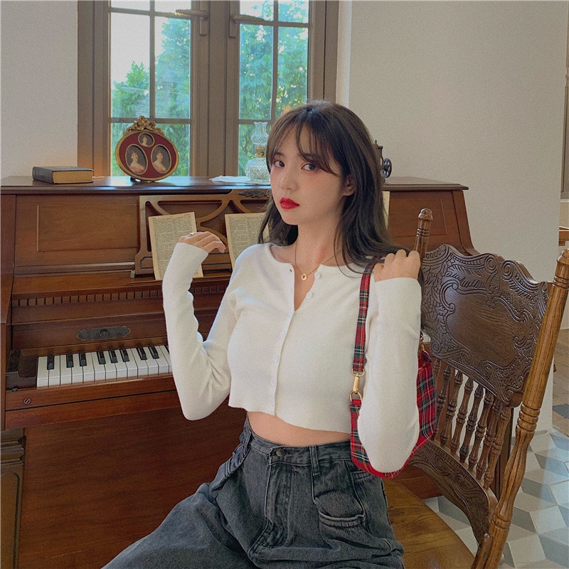 Áo Croptop nữ dài tay yan 7 cúc - Áo cardigan trơn nhiều màu