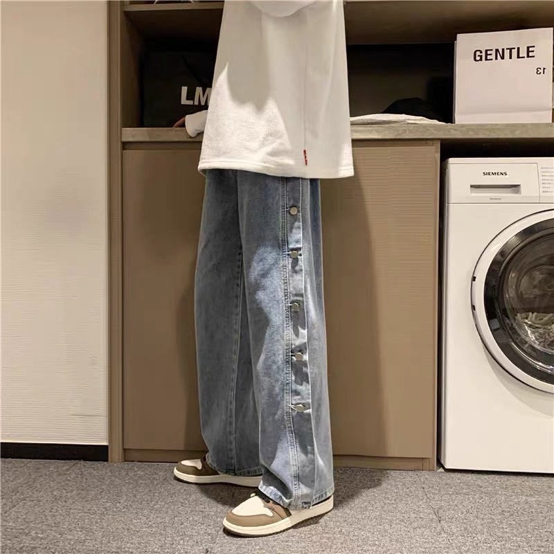 QUẦN BAGGY JEANS NÚT BẤM XẺ TÀ ỐNG RỘNG FORM UNISEX NAM NỮ