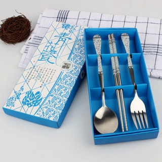 ✿Oasis✿3PCS Tableware Set With Box Portable Stainless Steel Spoon Chopsticks Fork For Gift