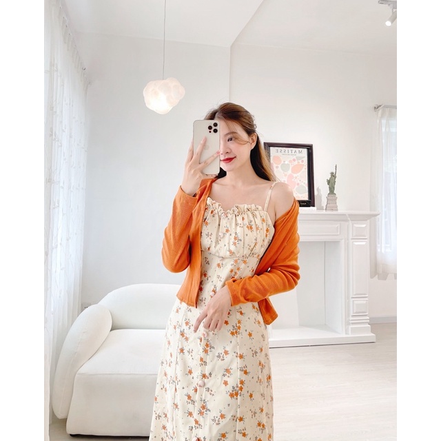 SET ĐẦM HOA CAM KHOÁC GÂN CAM