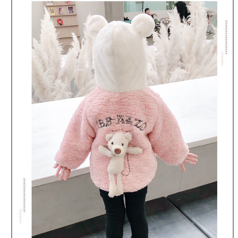 HÀNG QC-Áo khoác lông 2 lớp thêu gấu ấm áp dễ thương bé gái size 8-15kg AK08-09