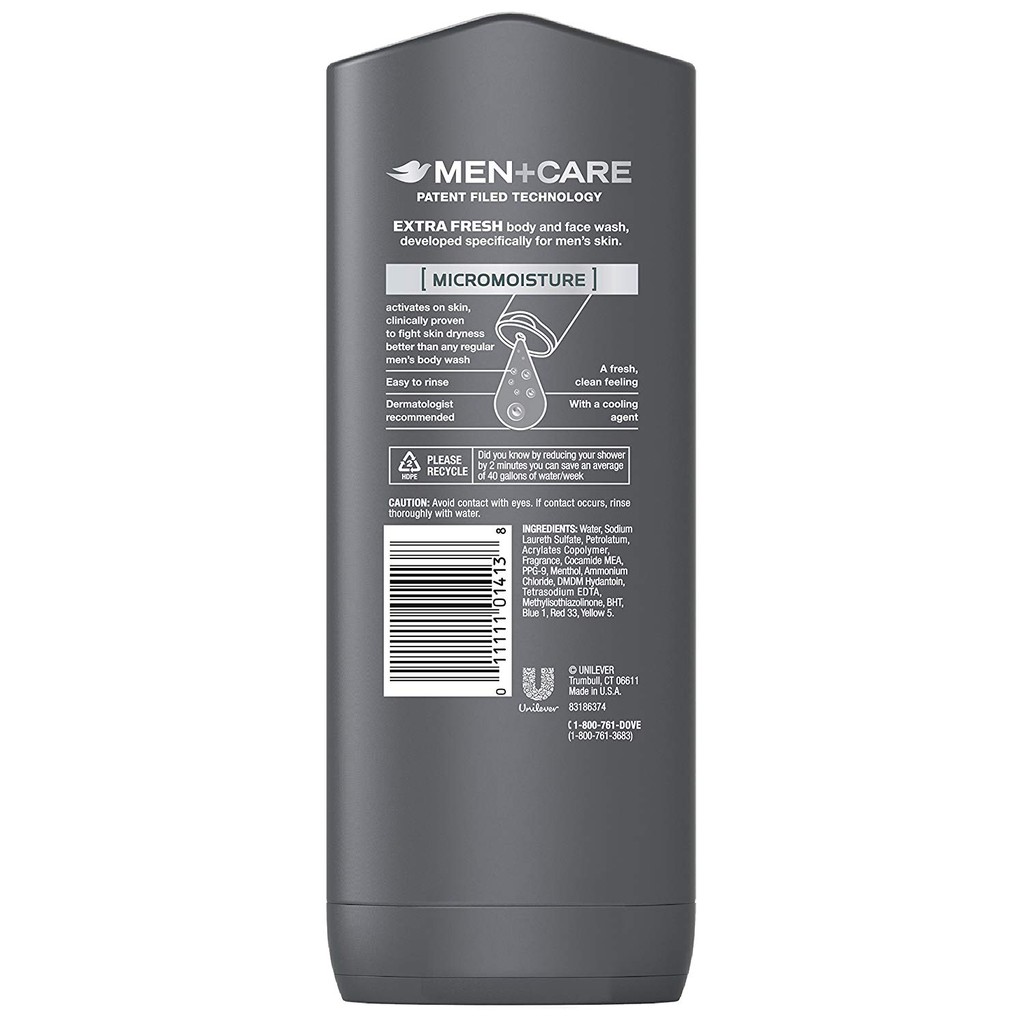 Gel tắm & rửa mặt 2 trong 1 cho nam Dove Men+Care Body and Face Wash Extra Fresh 532ml (Mỹ)