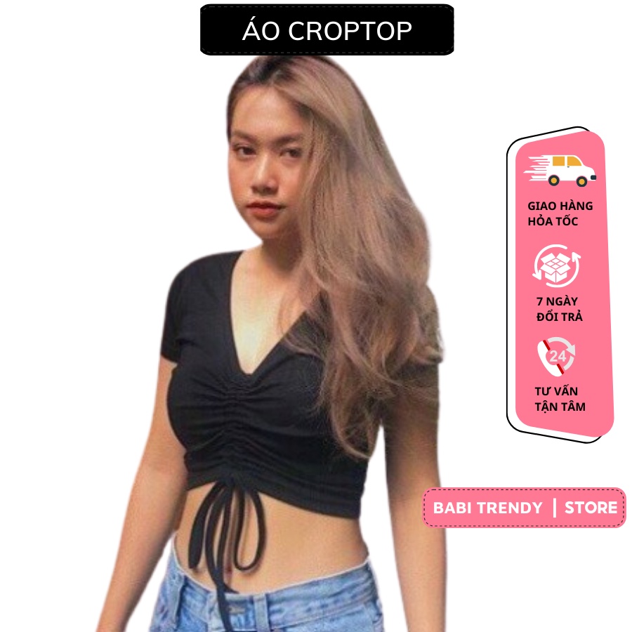 Áo Croptop Rút Dây Giữa Ngực Chất thun gân mềm mịn kiểu dáng Ulzzang - Babi Trendy CT29