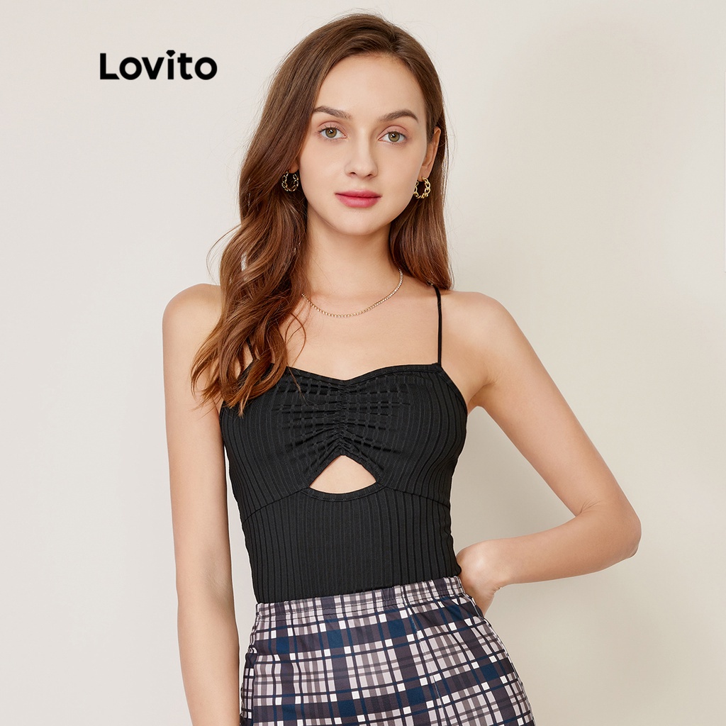 Áo hai dây Lovito xếp nếp cắt xẻ dệt kim sọc gân màu trơn phong cách quyến rũ L27AD167 (màu đen)