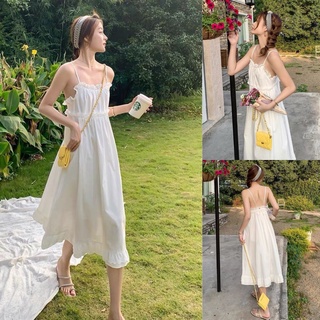 Đầm maxi trắng đi biển, Váy 2 dây hở lưng Cao Cấp phong cách Vintage thiết kế dáng xòe dài qua gối - MiNhi